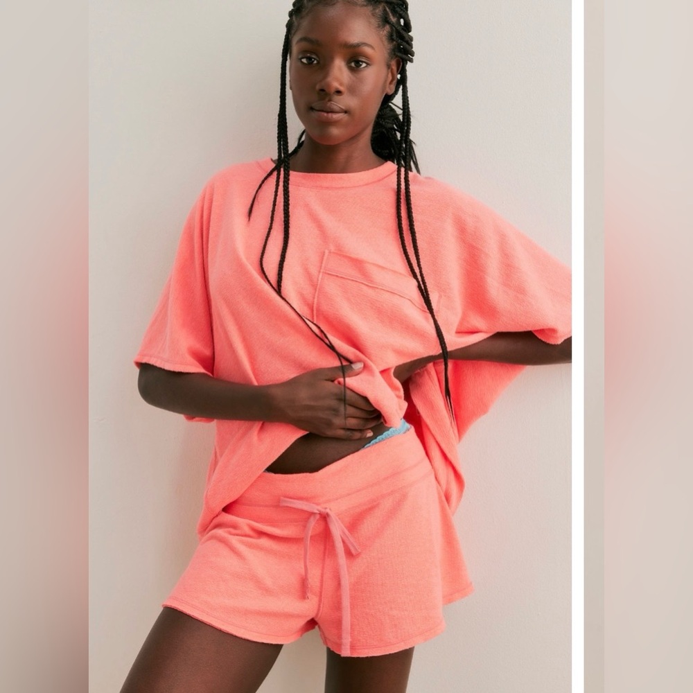 Free People Neon Coral Terry Drawstring Shorts Small NWOT
